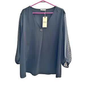 Bebonnie Women's Black Casual Loose V-Neck Chiffon 3/4 Sheer Sleeve Top Size 2XL